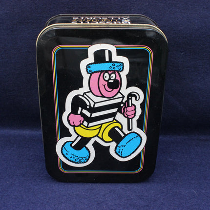 Tin box with a cartoon character on a blue background