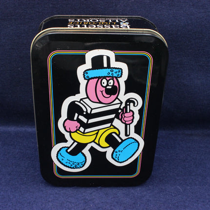 Tin box with a cartoon character on a blue background