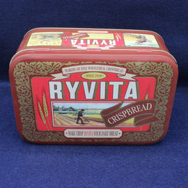 Ryvita Crispbread tin with decorative design on a blue background