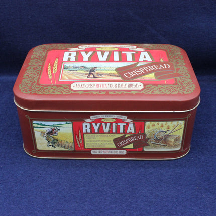Vintage Ryvita Crispbread tin on a blue background