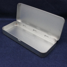 Metallic rectangular box with a lid on a dark blue background