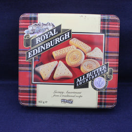 Royal Edinburgh All Butter Shortbread tin with plaid design on a blue background