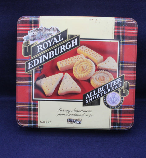 Royal Edinburgh All Butter Shortbread tin with plaid design on a blue background