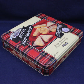Tin box of Royal Edinburgh shortbread cookies on a blue background