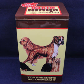 Dog food container with illustrations of dogs on a blue background