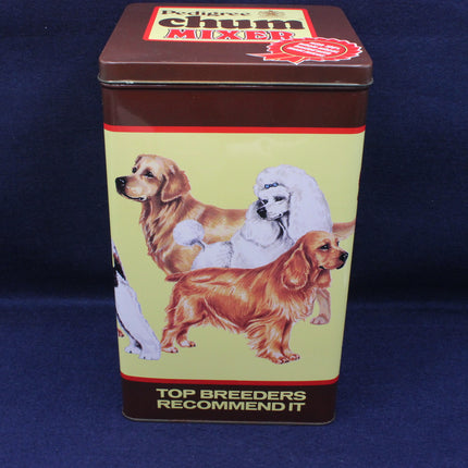 Dog food tin with images of dogs on a blue background