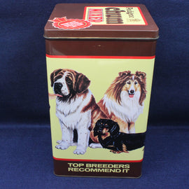 Dog-themed tin box with images of dogs on a blue background