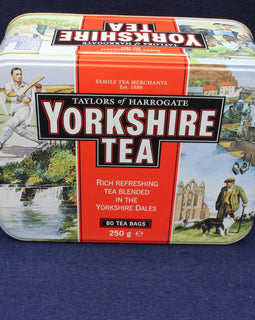 Yorkshire Tea tin with vintage design on a blue background