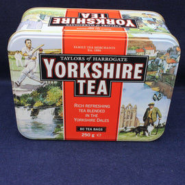 Yorkshire Tea tin with vintage design on a blue background