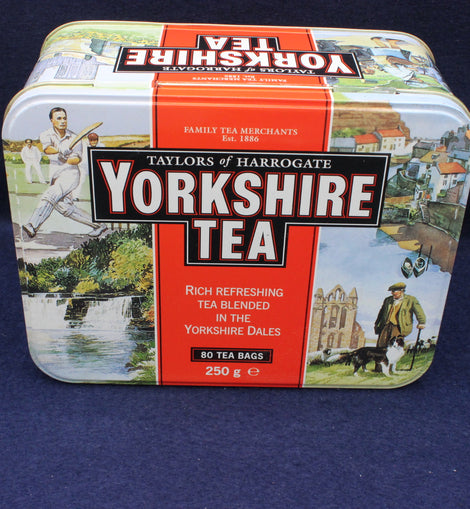 Yorkshire Tea tin with vintage design on a blue background