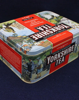 Yorkshire Tea tin with vintage design on a dark background