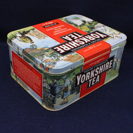 Yorkshire Tea tin with vintage design on a dark background
