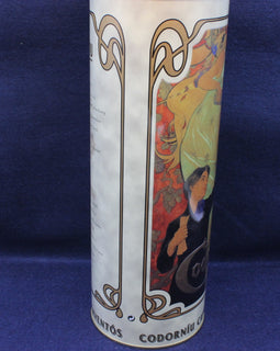 Cylindrical product with artistic design on a blue background