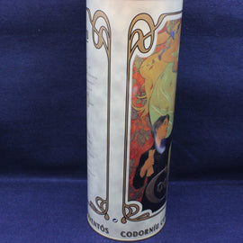 Cylindrical product with artistic design on a blue background