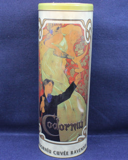 Cylindrical product with artistic design on a blue background