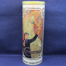 Cylindrical product with artistic design on a blue background