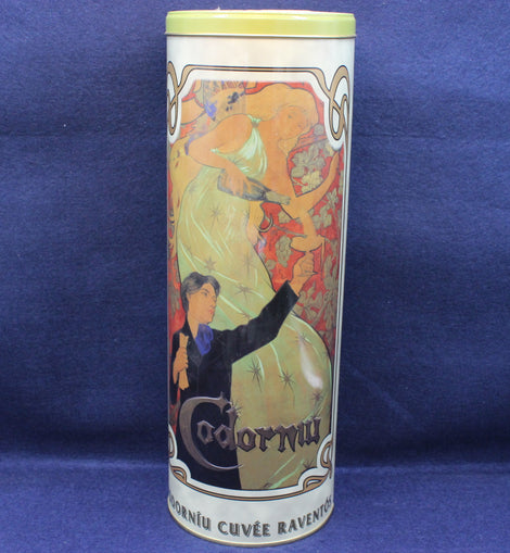 Cylindrical product with artistic design on a blue background