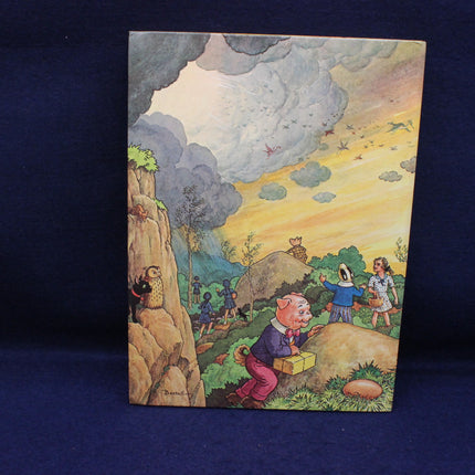 Illustrated book cover with a scene of pigs and children on a hillside under a cloudy sky.