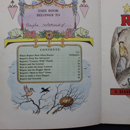 Contents page of a book with illustrations and text, featuring Rupert Bear.