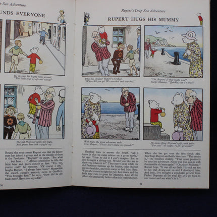 Comic strip from 'Rupert Bear' showing Rupert hugging his mummy with text and illustrations.