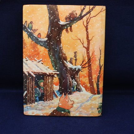 Rupert Bear book cover with a winter scene featuring a tree, snow-covered huts, and a character looking up.