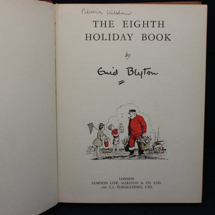 Title page of 'The Eighth Holiday Book' by Enid Blyton with a illustration of a man and two children.