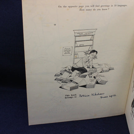 Illustration of a person sorting books with text about languages on a blue background