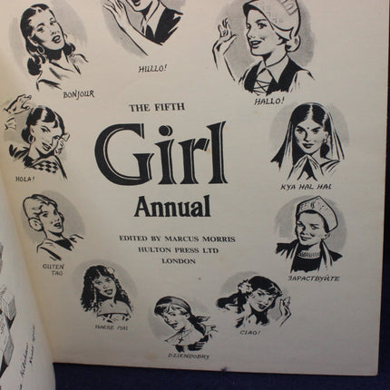 Cover of 'The Fifth Girl Annual' with illustrations of girls and greetings.