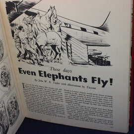 Book page with black and white illustration of elephants flying, text by John W.R. Taylor, and illustrations by Tacconi.