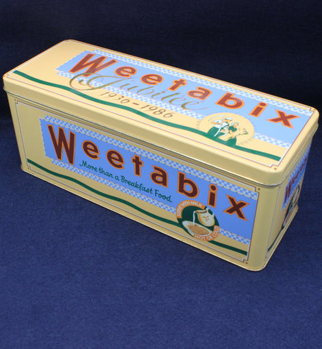 Weetabix tin with decorative design on a blue background