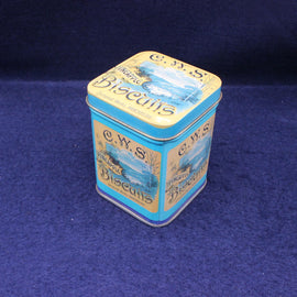 CWS Pineapple Biscuits tin on a blue background