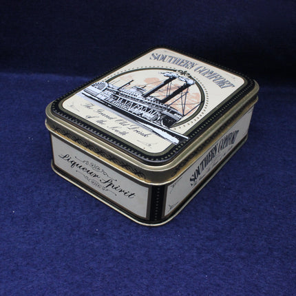 Vintage-style tin box with decorative label on a blue background