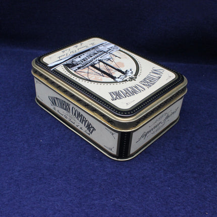 Vintage-style tin box with decorative label on a blue background