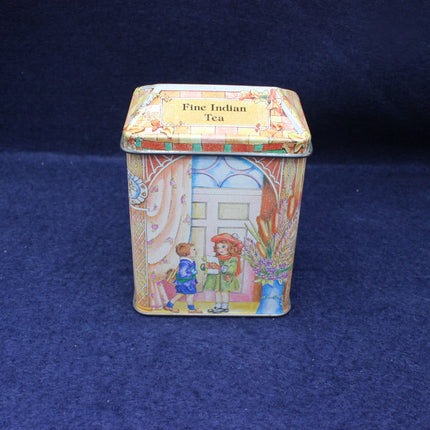 Tea tin with vintage illustration on a blue background