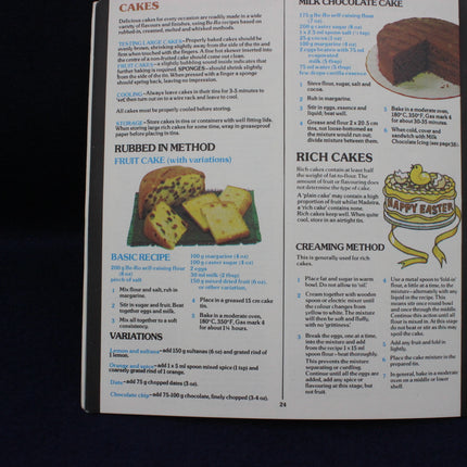 Page from a cookbook with cake recipes and illustrations on a black background