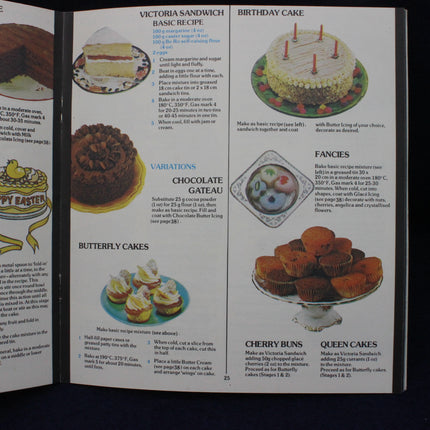Open book with cake recipes and illustrations on a black background
