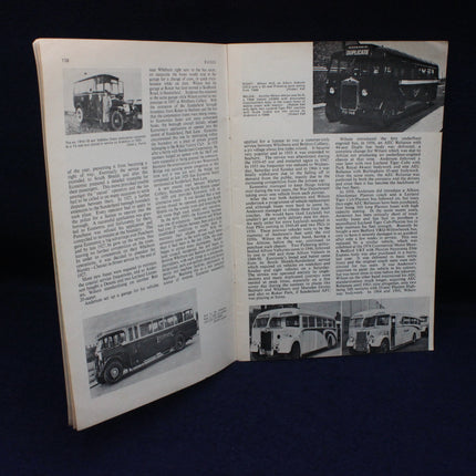 Open book with black and white photographs and text of buses on a dark background