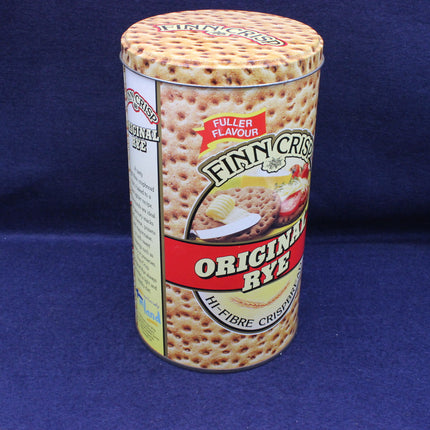 Canister of Finny Crisps Original Rye crackers on a blue background