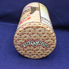 Cylindrical container with 'Finn Crisp' branding on a blue background