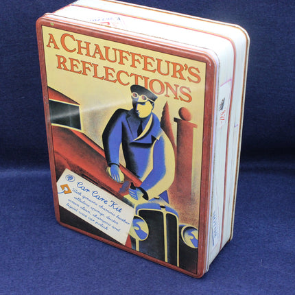 Tin box with 'A Chauffeur's Reflections' design on a blue background