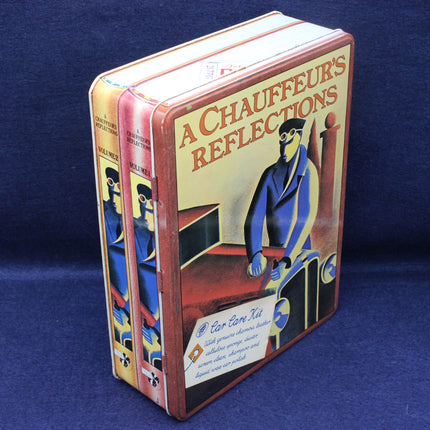 Tin box with 'A Chauffeur's Reflections' design on a blue background