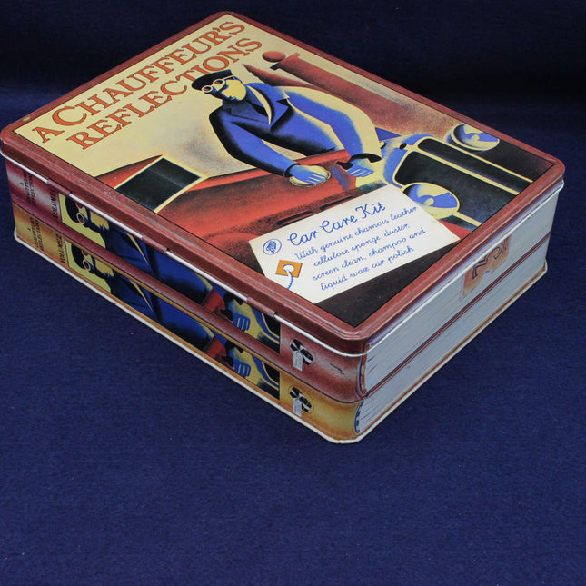 Tin box with vintage-style design and text on a blue background