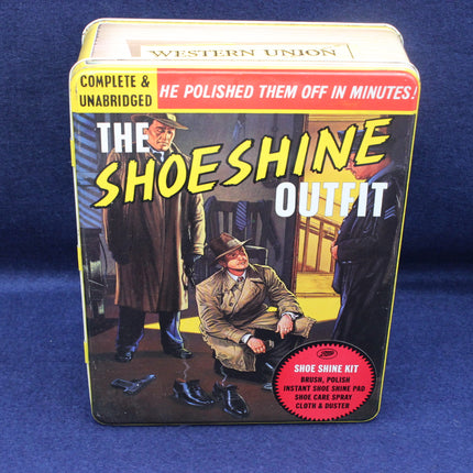 Vintage-style packaging for 'The Shoeshine Outfit' with a dramatic scene of men in suits and hats.