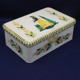 Decorative box with peacock design on a blue background