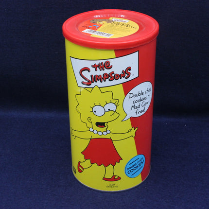 Canister with 'The Simpsons' branding featuring a character on a dark blue background