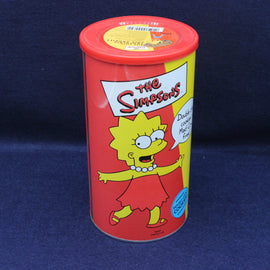 Red cylindrical container with 'The Simpsons' branding featuring a character on a dark blue background