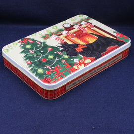 Rectangular tin box with Christmas-themed design on a blue background