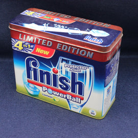 Finish PowerBall detergent packaging on a dark background