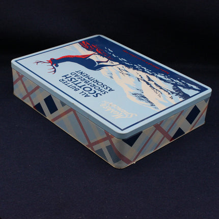 Abstract multi coloured pattern on side of a biscuit tin