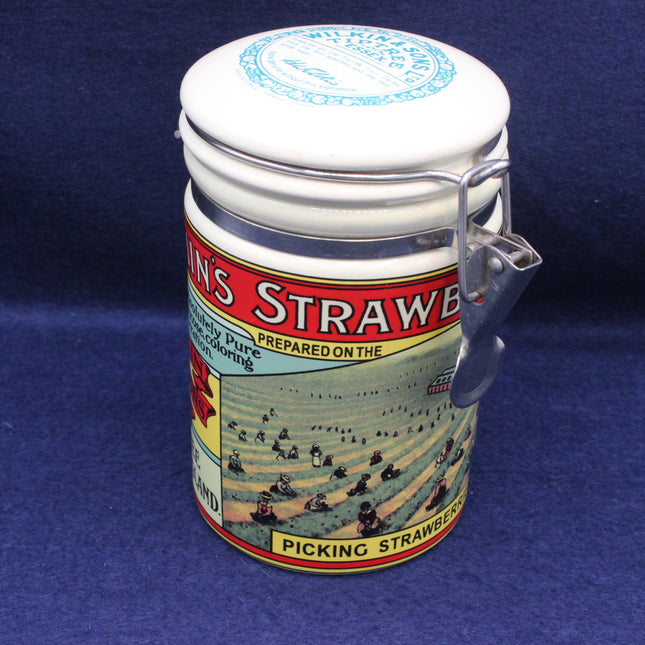 Picking Strawberries image and text on a preserve jar